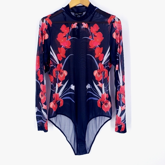 City Chic Tops - City Chic Black Red Floral Body Suit New